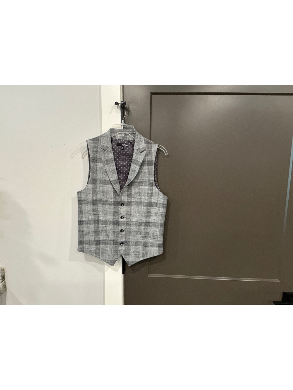 Murano Men's Gray Plaid Dress Vest with Polka Dot Lining Size Small